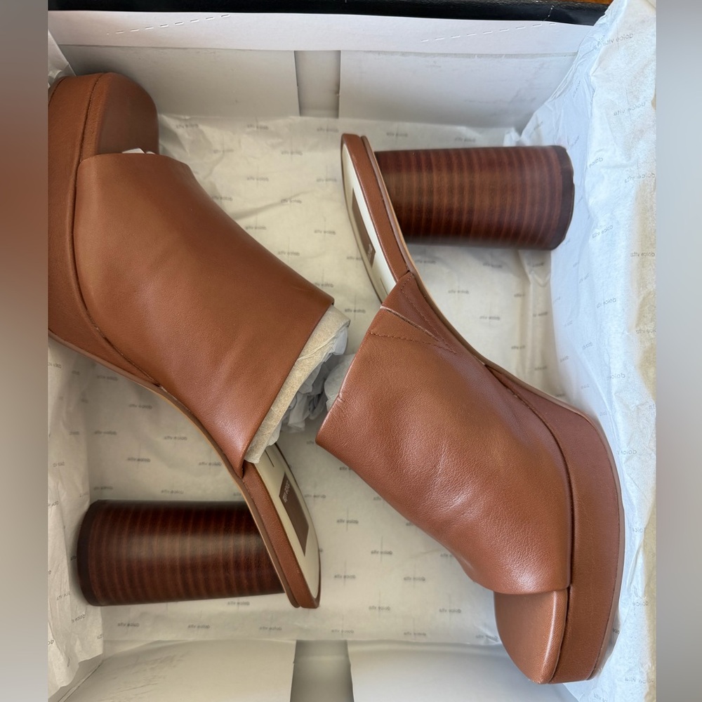 Dolce Vita Alyssa Brown Leather Open-Toe Block Heel Mules